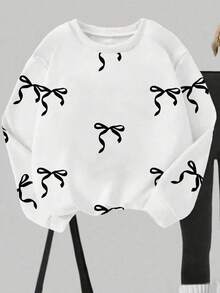 SHEIN Sparklyn 1 Set Girls Back To School Fashion Dotted Bow Print Crew Neck Sweatshirt And Black Leggings Outfit, Fall Clothes Winter - Multicolor - View 5