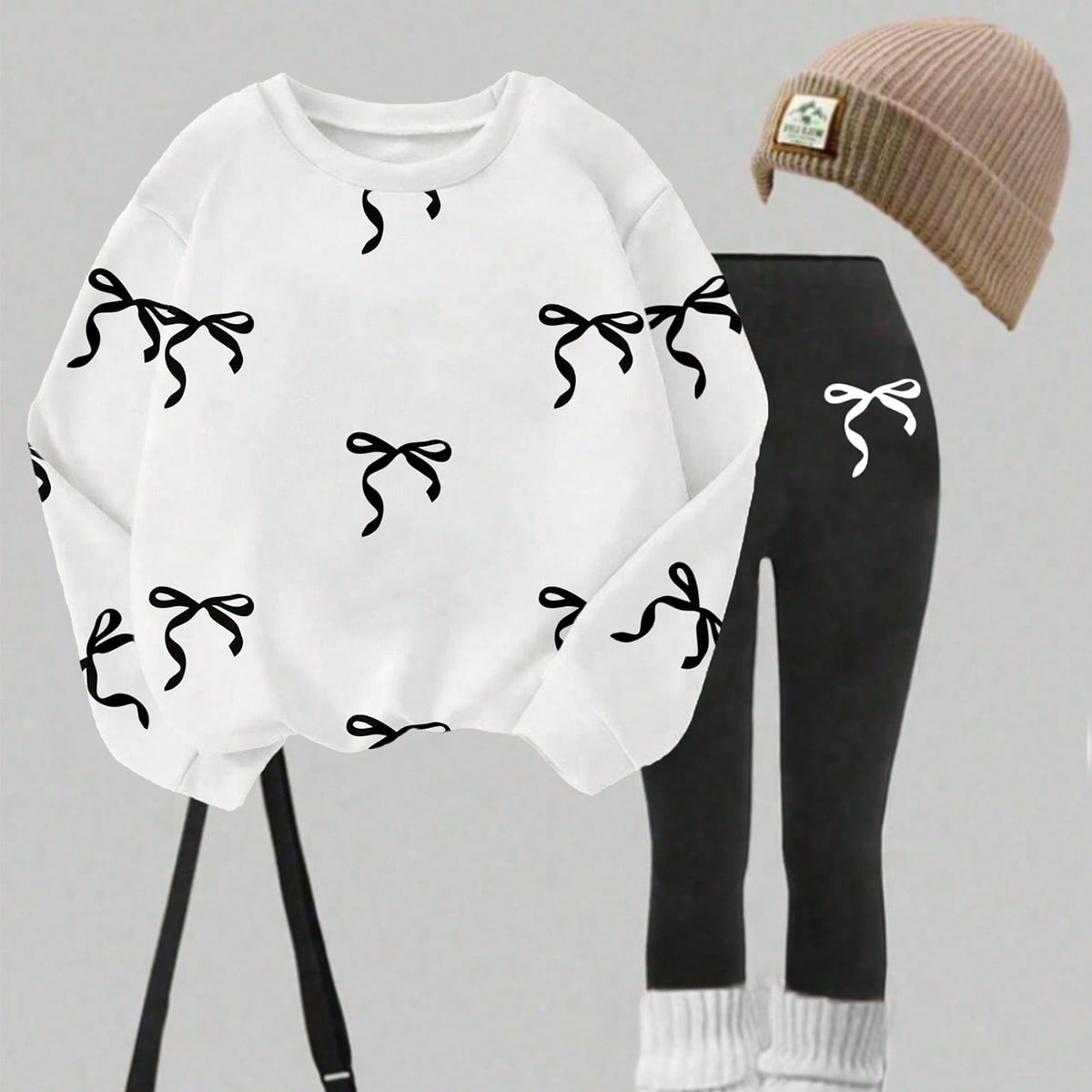Conjunto de ropa de vuelta al colegio para niñas con sudadera de cuello redondo con estampado de lunares y lazo, y leggings negros, ropa de otoño
