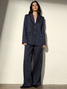 Aveloria Modichic Bộ vest kẻ sọc thời trang thanh lịch kiểu Hàn Quốc và quần ống rộng cho nữ - Màu xanh hải quân - Xem 5