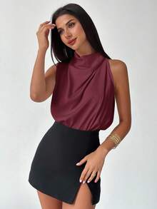 Firerie 女士优雅时尚新款通勤办公日常度假音乐节不对称褶皱杏色衬衫，春夏款 - 酒紅色 - 查看 2