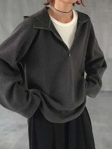 FRIFUL Women's Waffle Texture Fabric Half-Zip Hooded Loose Sweatshirt - Grey - View 2
