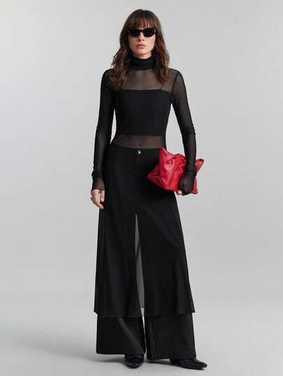 Ontre 2026春夏女装长袖收腰透视网纱中长连衣裙，优雅宽松版型，适合春夏穿着，场合：情人节、度假、派对、工作、办公室、商务休闲、日常穿着、都市时尚