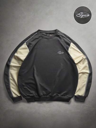 STYNVO 男士字母刺绣撞色圆领宽松休闲卫衣，圆领长袖卫衣