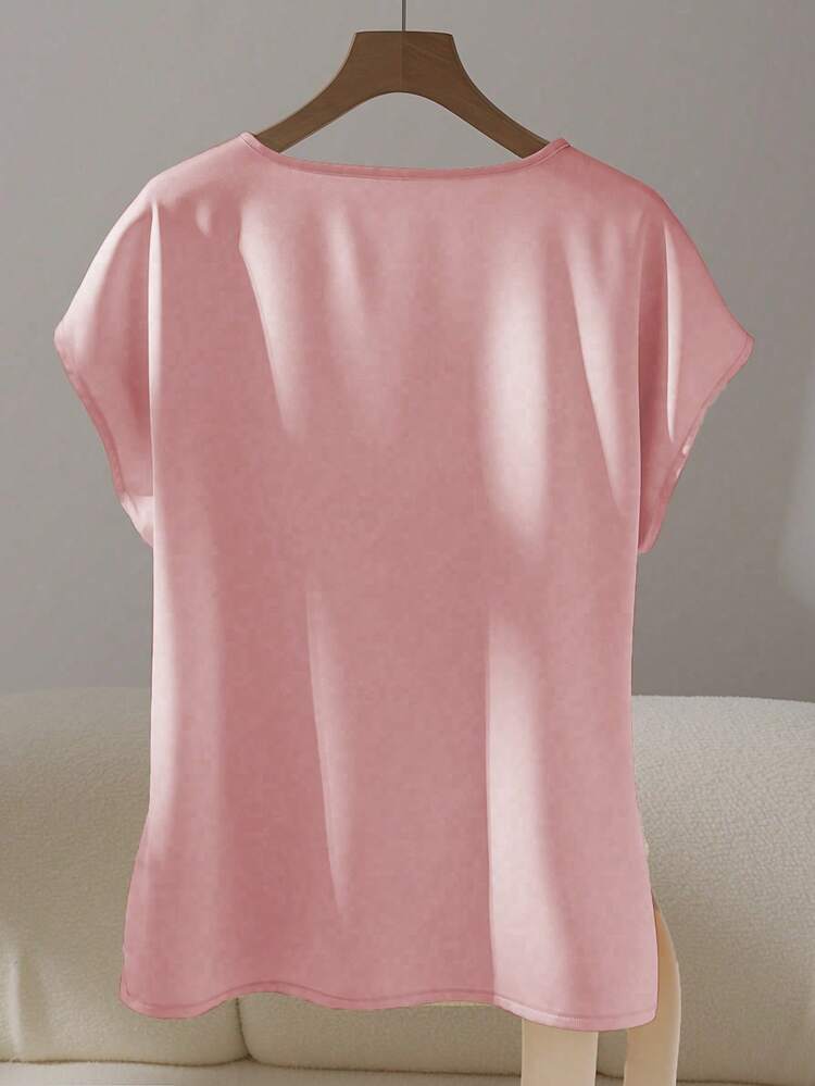 Franclia 优雅短袖圆领荷叶边领结衬衫，卡其色，女式春夏 - 粉色 - 查看 2