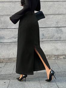 Livesso 女士休闲纯色直筒长裙，秋冬款 - 黑色 - 查看 2