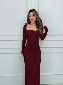 Jemour 女士秋冬新款派对/约会夜/晚会性感 S 形蕾丝长袖紧身胸衣式圆领修身长裙，黑色 - 酒紅色 - 查看 4