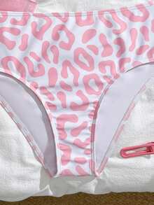 SHEIN 可爱少女豹纹三角吊带泳衣套装，含腰部纱笼（图案随机） - 粉色 - 查看 9