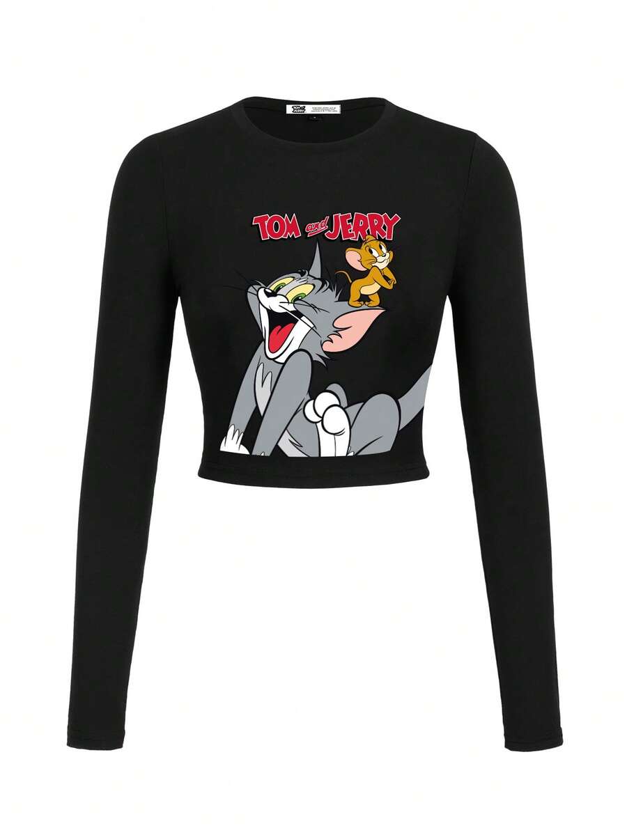TOM & JERRY X SHEIN 女士休闲卡通字母印花长袖修身短款 T 恤，春/秋 - 黑色 - 查看 1