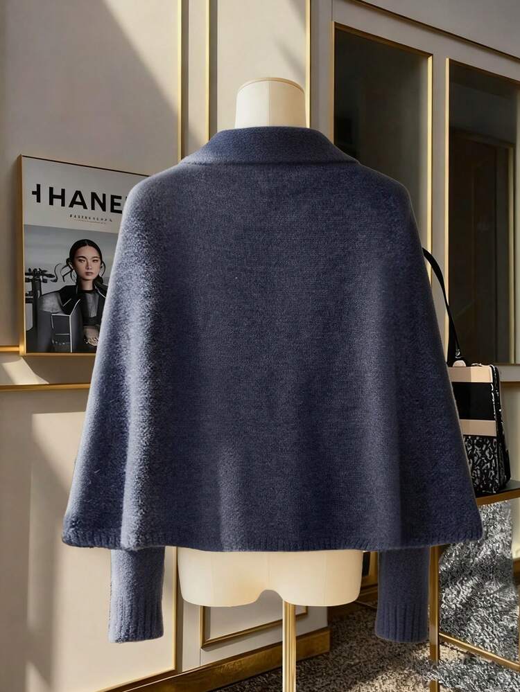 Franclia 女士藏蓝色秋季针织短款假两件式优雅翻领假开襟披肩斗篷，饰有定制钻石装饰、手工缝制纽扣和装饰纽扣，以及日常简约V领直肩长袖修身毛衣，适合秋冬季穿着。 - 藏蓝色 - 查看 2