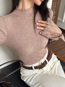 DAZY Lace Patchwork Slim Fit Women Pullover Sweater - Khaki - View 5