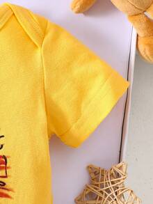 新生儿可爱狮子印花连体衣，带3D立体耳朵帽，短袖连体衣套装