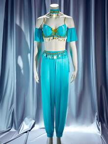 SHEIN Conjunto de 5 piezas: Pantalones de linterna exóticos, estilo de bailarina de Asia occidental princesa Jazmín - Azul - Ver 6