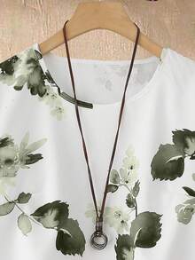 SHEIN LUNE 2件套女士碎花圆领短袖上衣和裤子，新年休闲装 - 橄欖綠 - 查看 6