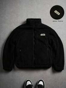 Manfinity EMRG 男士长袖外套，双面抓绒，前拉链口袋，休闲简约设计，适合上学、通勤、约会、拍照等场合，尽显优雅气质。 - 黑色 - 查看 1