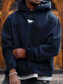 Men's Solid Color Horse Print Simple Sweatshirt - Navy Blue - View 5