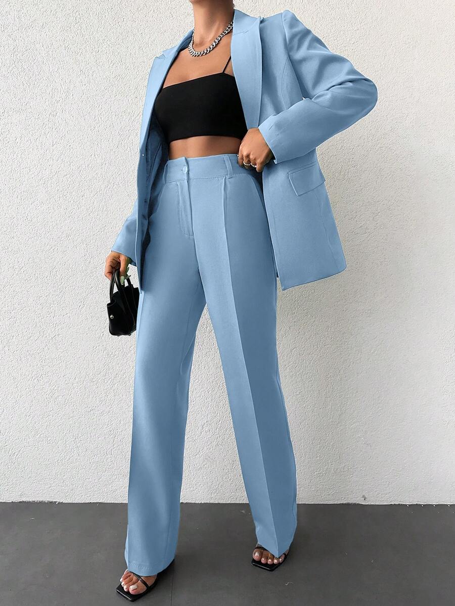 EURMUSE Ladies' Casual Solid Color Suit With Long Coat And Pants - Baby Blue - View 1
