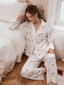 Bộ đồ ngủ dài tay cổ bèo nhún in hoa dành cho nữ - Nhiều màu - Xem 5