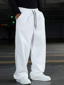 Manfinity EMRG Men's Loose Drawstring Waist Pockets Casual Wide Leg Sweatpants White Baggy Pants White Sweat Pants Men White Joggers Men Pro Club Sweat Pants Men Street Wear Pants - White - View 4