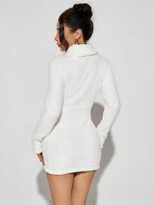 SHEIN PETITE 1pc Women White Fuzzy High Neck Long Sleeve Bodycon Dress - White - View 3