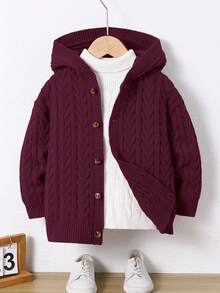 1件男童休闲可爱日常舒适宽松卡其色罗纹边连帽开衫，适合外出、上学、日常聚会、秋冬季穿着。 - 酒紅色 - 查看 4