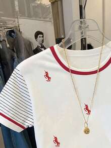 Resyla 女士休闲独角兽条纹印花拼接T恤，夏季 - 白色 - 查看 5