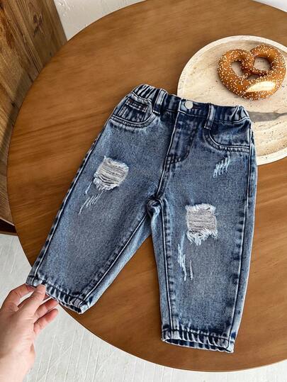 SHEIN Pantalones pitillo de mezclilla azul para niños pequeños