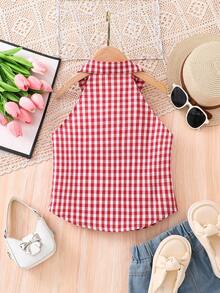 SHEIN Áo ngắn kẻ caro đỏ dáng suông, ngọt ngào và dễ thương kiểu Pháp, cổ yếm, cài cúc, dành cho bé gái (cỡ lớn) mùa xuân/hè. - Màu xanh lam - Xem 4