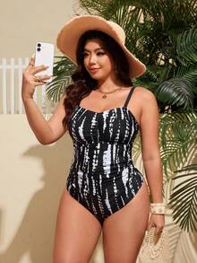 Swim Lushoire Đồ bơi một mảnh cỡ lớn có nhún eo và họa tiết hoa đen trắng - Nhiều màu - Xem 5