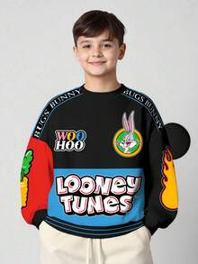 LOONEY TUNES X SHEIN 青少年男孩休闲时尚街头卡通字母拼布印花落肩宽松羊毛套头衫，秋冬 - 白色 - 查看 6