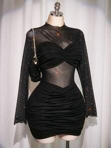 SHEIN ICON 大码女式性感夜店装黑色迷你连衣裙 - 黑色 - 查看 1