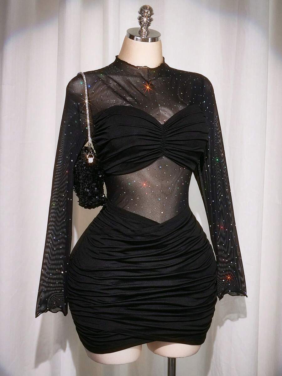 SHEIN ICON 大码女式性感夜店装黑色迷你连衣裙 - 黑色 - 查看 1
