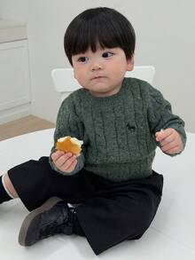 DAZY 男童圆领麻花针织卡通刺绣纯色毛衣 - 綠色 - 查看 3