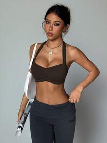 Dewbera Áo ngực thể thao liền mạch xếp ly lưng chữ Y trơn màu dành cho nữ - màu nâu - Xem 4