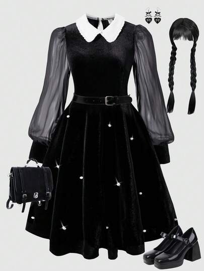 Streecool 少女复古丝绒雪纺拼接长袖连衣裙，荷叶边领口，泡泡珠装饰，简约舒适，适合春秋季日常穿着、通勤、上学、度假等场合。