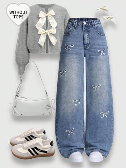 SHEIN ChillGRL Teen Girls' Fashionable Autumn/Winter New Arrival Teenage Girls' Retro Light Blue Butterfly Embroidery Jeans, Straight Leg Loose Fit Washed Distressed Denim Pants, Mid-Waist Comfortable Design, Vintage Y2K College Style, Casual Street Wear Suitable For Daily, School, Commute, Party, Halloween