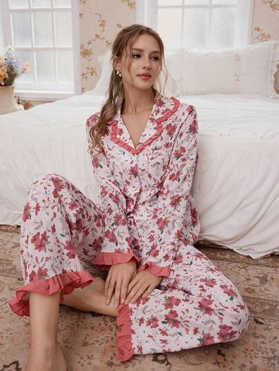  CottageSlumber撞色荷叶边印花长袖上衣和裤子女士睡衣套装，冬季服装