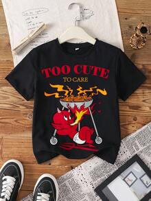 SHEIN HOT STUFF Young Girl Casual Everyday Commute Funny Cartoon Letter Graphic Short Sleeve Black T-Shirt - White - View 1