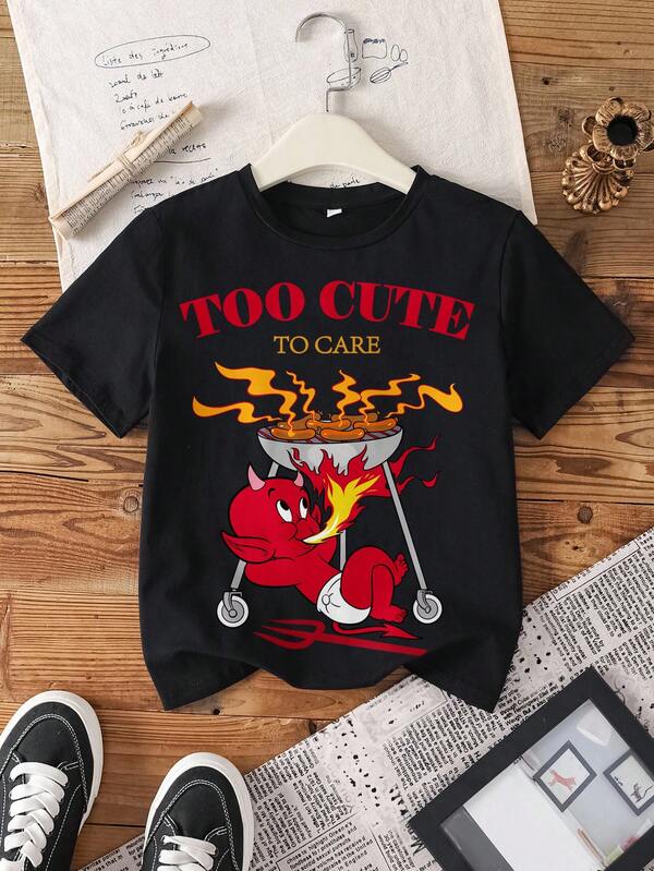 SHEIN HOT STUFF เสื้อยืดสีดำแขนสั้นลายกราฟิกตัวอักษรการ์ตูนตลกใส่สบายๆ ในชีวิตประจำวันสำหรับสาวน้อย