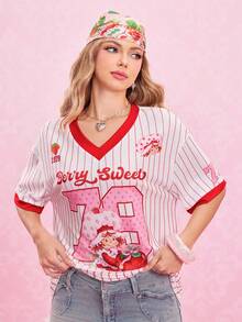 Strawberry Shortcake X SHEIN 女士可爱甜美条纹卡通图案短袖T恤，夏季 - 紅白色 - 查看 4