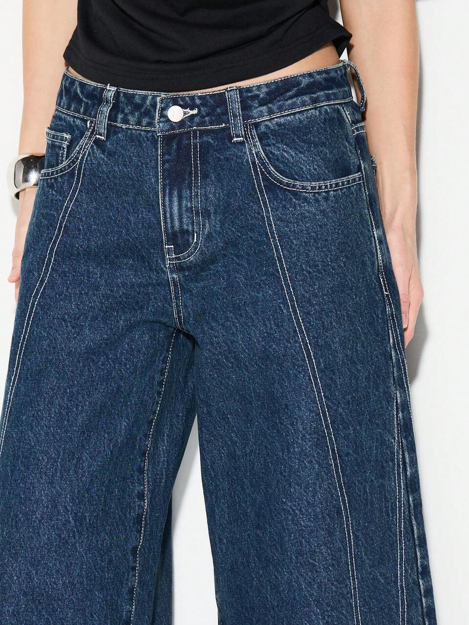 KIZN Wide Leg High Rise Denim Jeans With Contrast Stitching