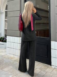 DAZY Women's Solid Color Front Tie Long Sleeve Top And Flare Pants Casual 2 Pieces Set - Black - View 6
