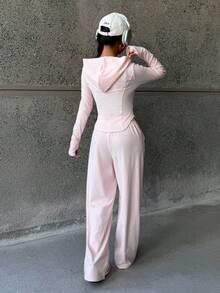 SHEIN 2 件套青少年女孩粉色修身套头连帽衫 + 长款连帽衫休闲时尚百搭服装 - 粉色 - 查看 2