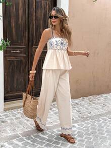 Serisse 2pcs Women's Vacation Casual Floral Embroidery Camisole And Pants Set Summer Blue Holiday Resort - Navy Blue - View 5