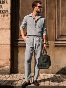 Manfinity VCAY Men's Casual Striped Button-Up Shirt Set - Black - View 1