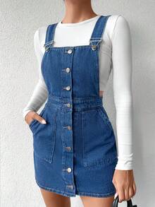 SHEIN Tall Women's Blue Waist Cinched Square Neck Sleeveless Buttoned Front Denim Dress - Medium Wash - View 4