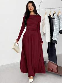 Teen Girl Casual Minimalist Comfortable Long Sleeve Cinched Waist Mid-Length Dress