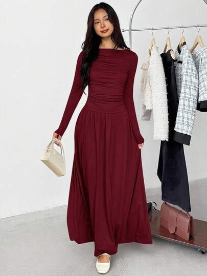 SHEIN 少女休闲简约舒适长袖收腰中长连衣裙