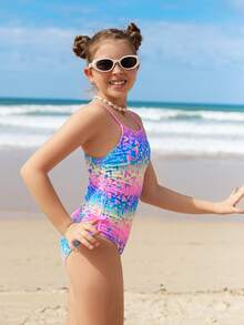 SHEIN 少女风吊带背心式泳衣，花卉印花，可调节肩带，蝴蝶结设计，甜美优雅，适合度假、海滩、泳池、冲浪等场合。 - 彩色 - 查看 7