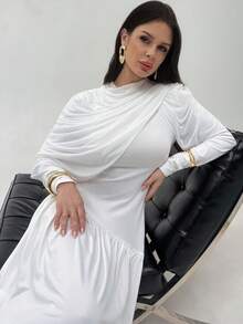 Firerie 女士纯色长袖褶皱不对称设计优雅连衣裙 - 白色 - 查看 9