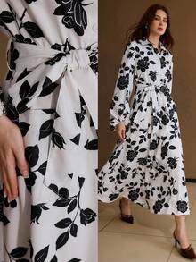 MOTF PREMIUM VESTIDO ESTAMPADO FLORAL COMPLETO CON MANGAS FAROL Y CINTURÓN - Blanco y Negro - Ver 7